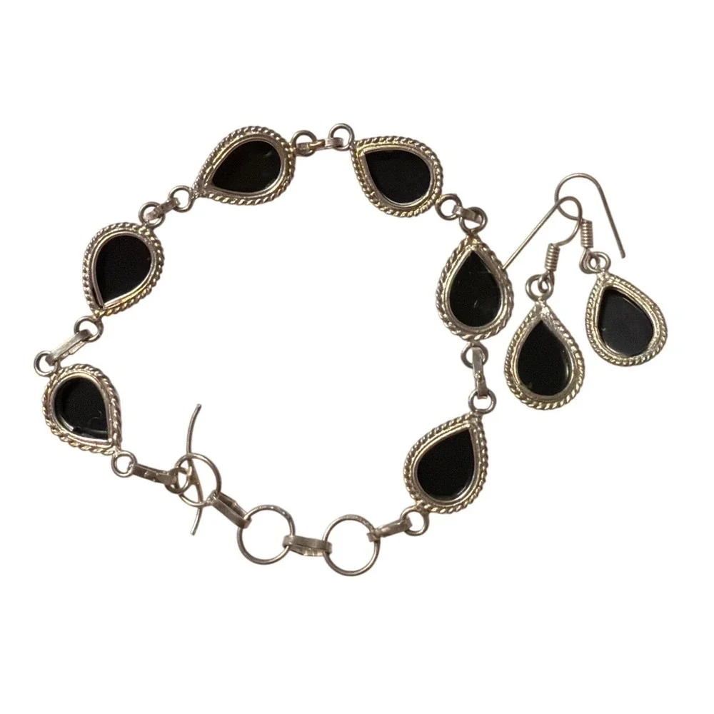 Vtg 925 Sterling‎ Silver Green Dichroic Glass Necklace Bracelet Earrings Set